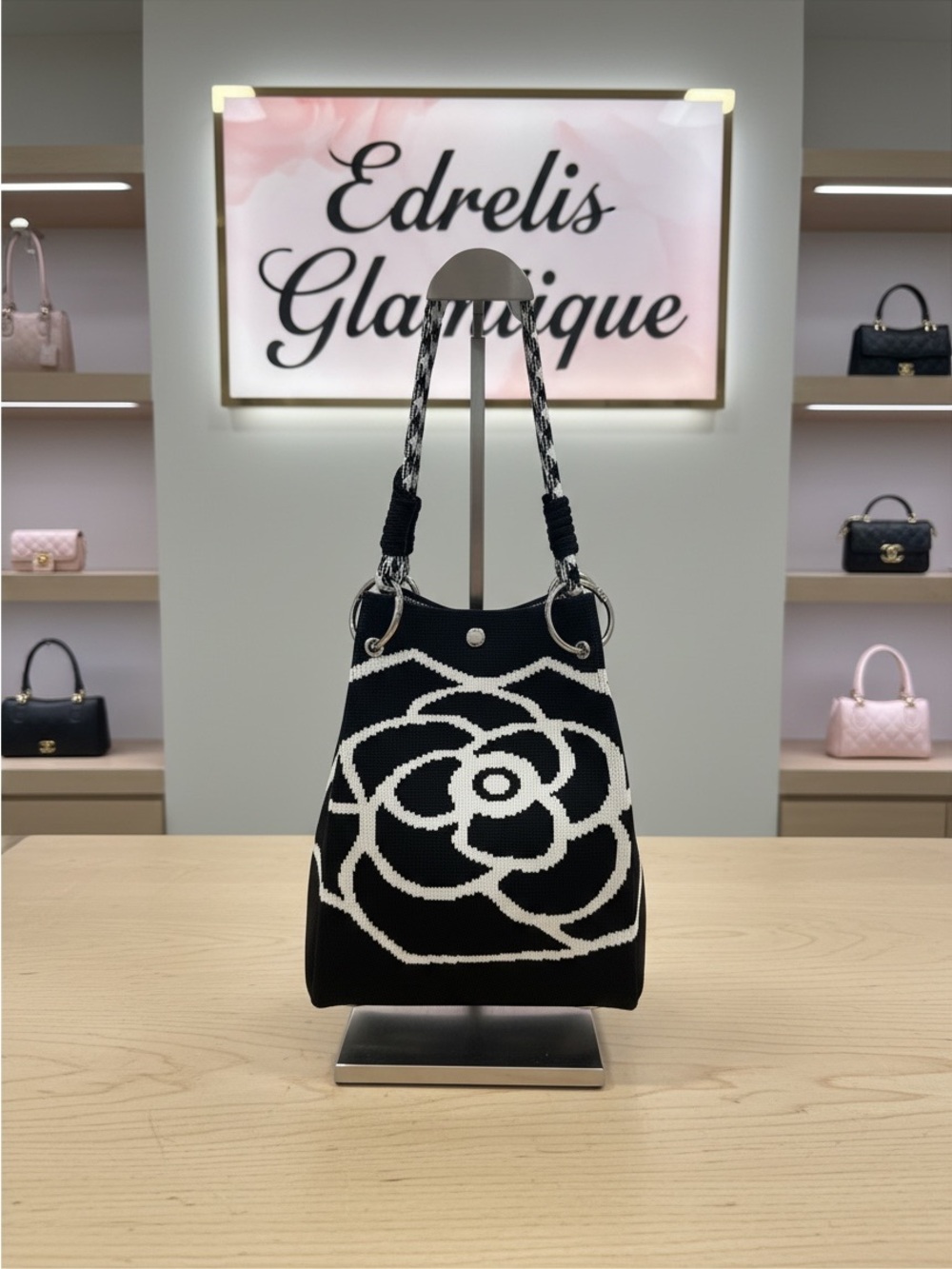 Small Black & White Floral Knit Shoulder Bag